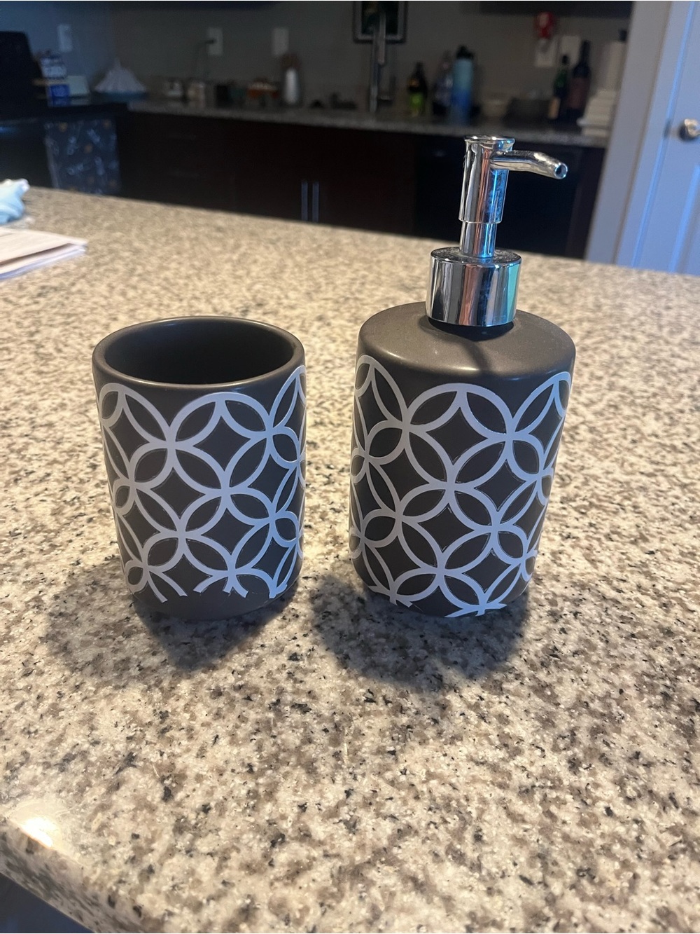 Gray Geometric Bathroom Accessory Set - Soap Dispenser and Cup